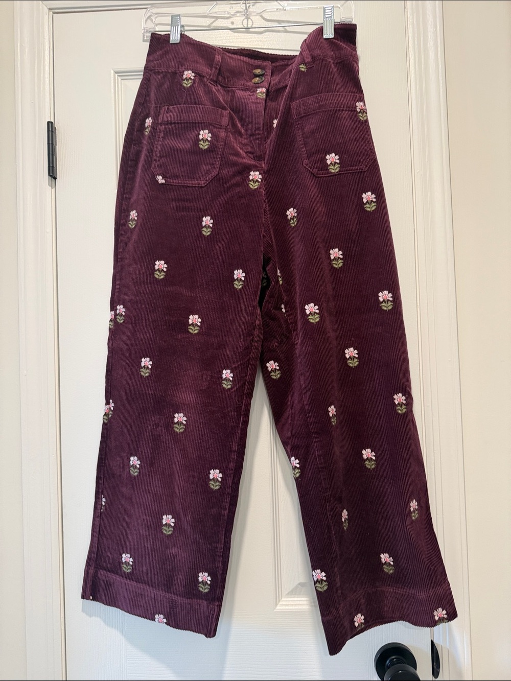 Boden Wide-Leg Corduroy Pants in Burgundy with Pink Floral Embroidery